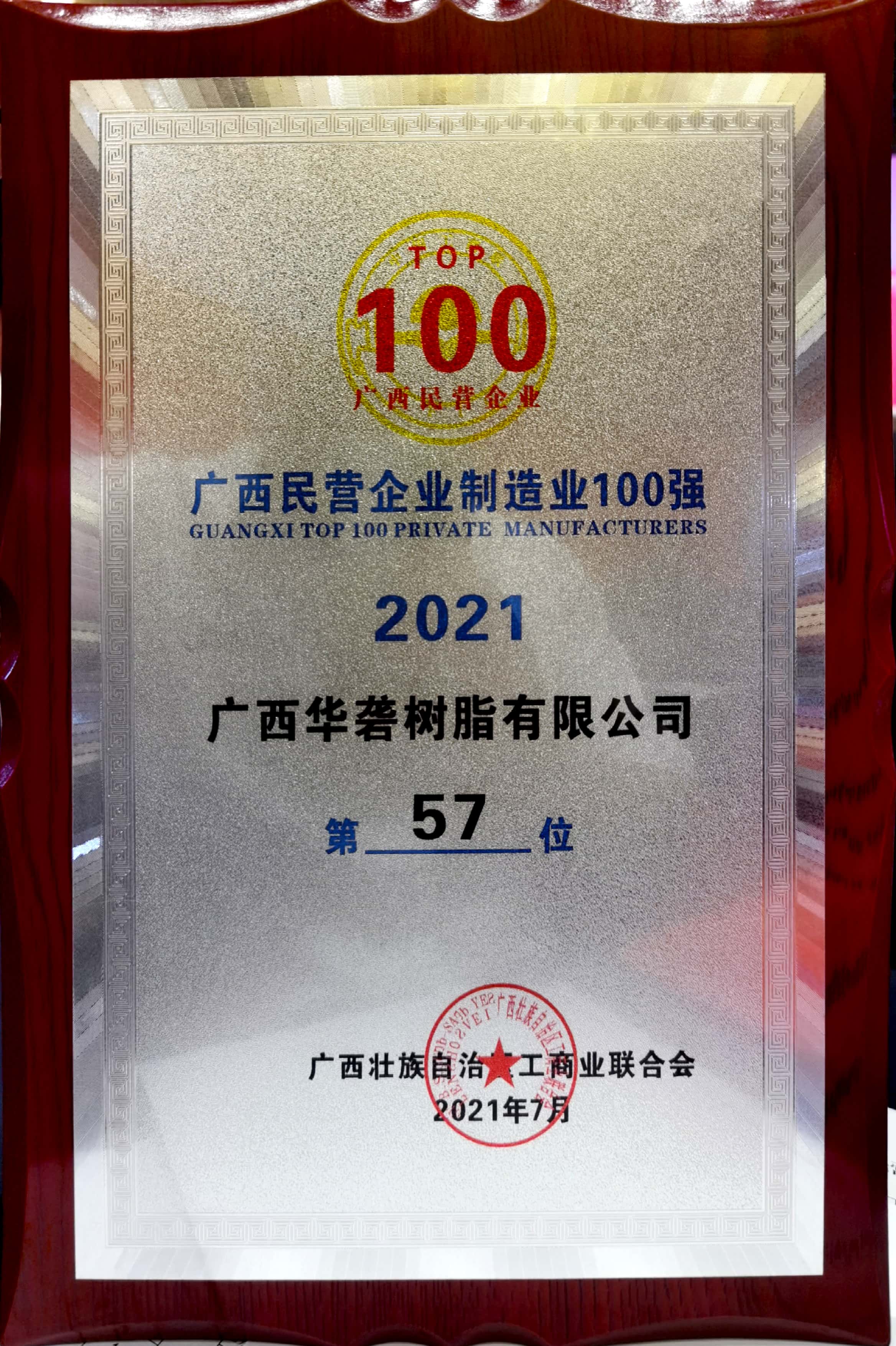 2021 "Top 100 Guangxi Private Enterprise of Manufacturing Industry" in Guangxi province.